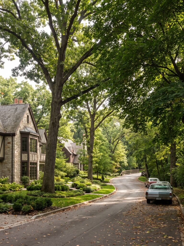Wooded ravine street in Glencoe Illinois