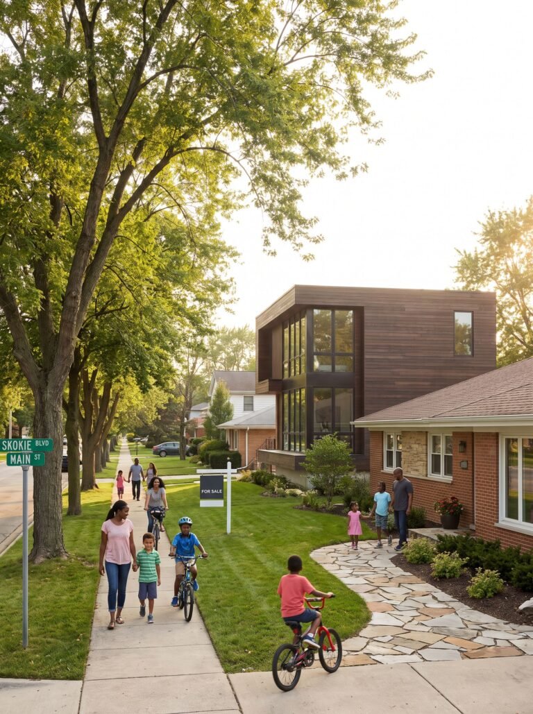 Diverse suburban street in Skokie Illinois