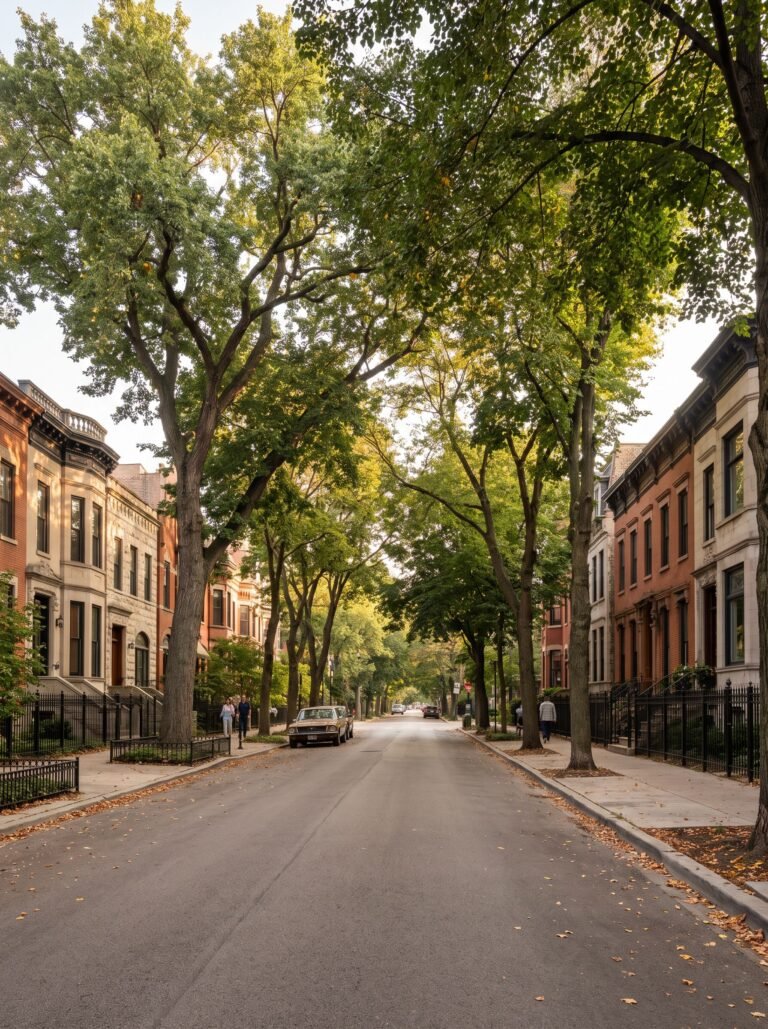 Tree-lined brownstone street on Chicago&rsquo;s North Side